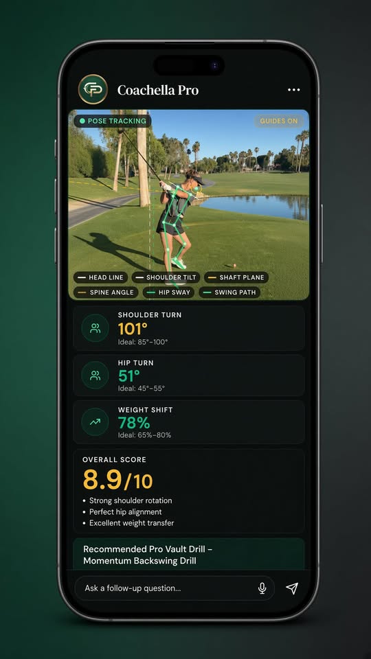 Swing Lab pose tracking analysis on a phone with skeleton overlay and swing metrics
