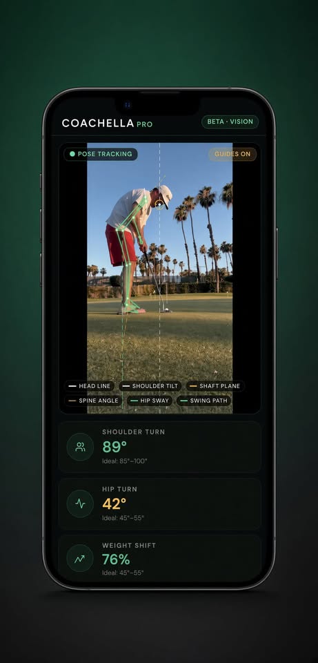 Coach Justin reviewing an AI swing breakdown with pose tracking overlay on a phone